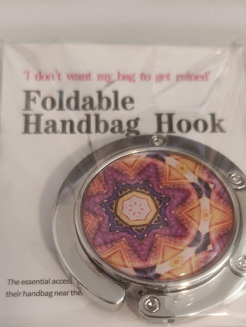 Foldable Handbag Hook with Purple & Orange Kaleidoscope Design